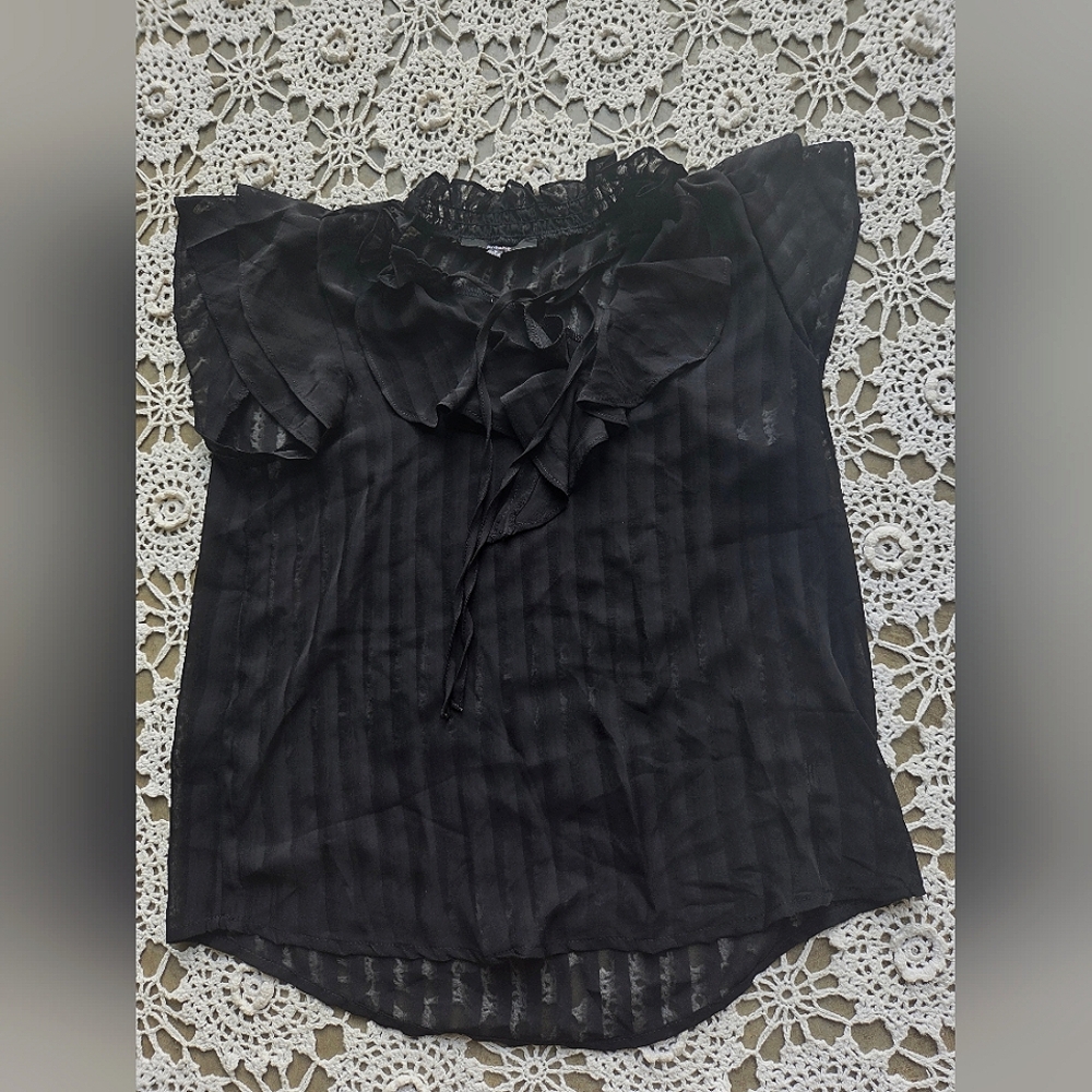 NWOT Black Goth Preppy Stripe Sheer Ruffle Tie Up Blashe Blouse | Summer